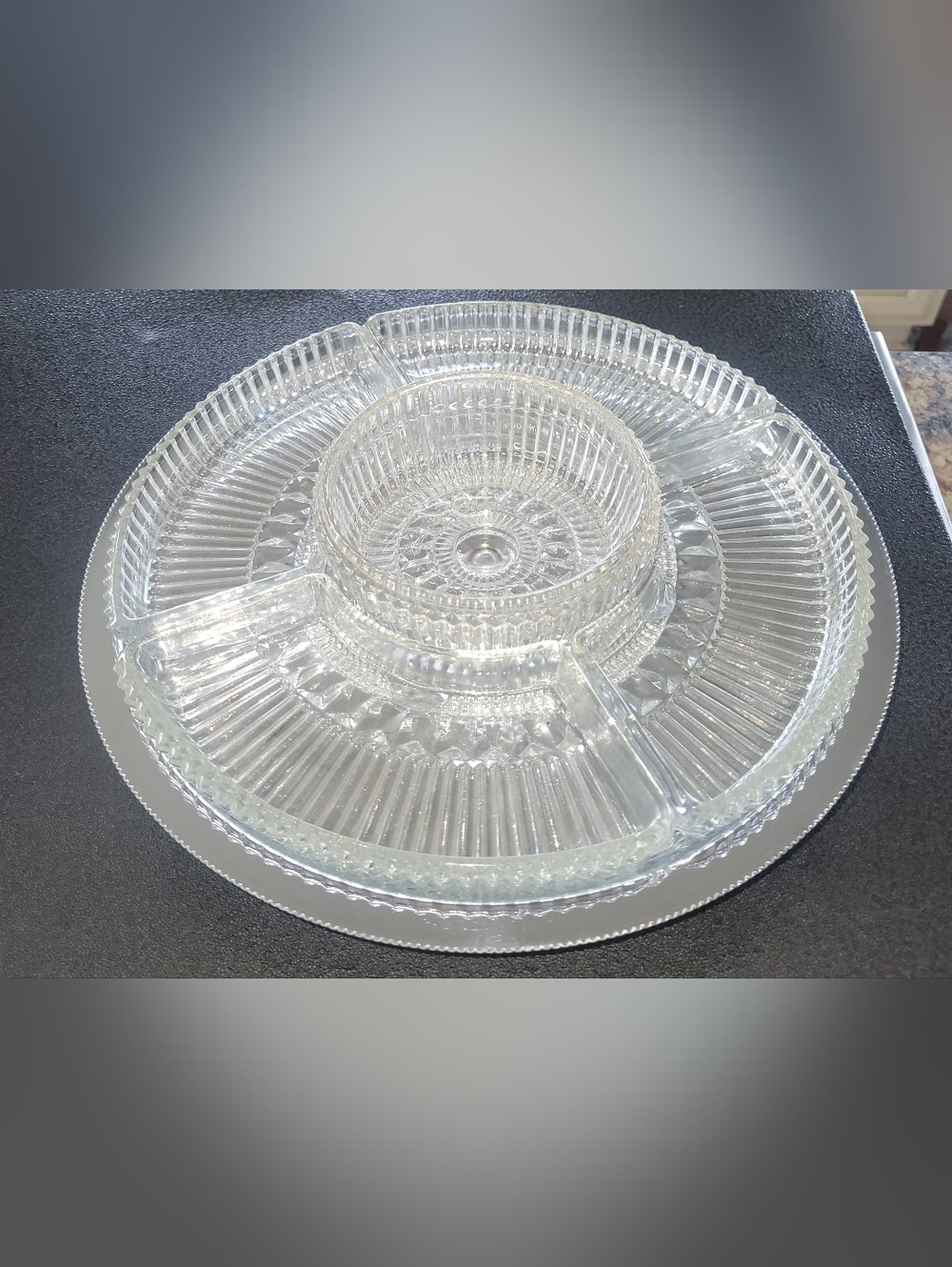 Vintage Glass Divided Serving Tray with lazy Susan